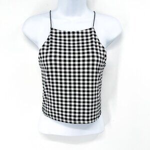 2/$30 Gaze Gingham Check Plaid Print Pattern Black White Cropped Tank Top Crop